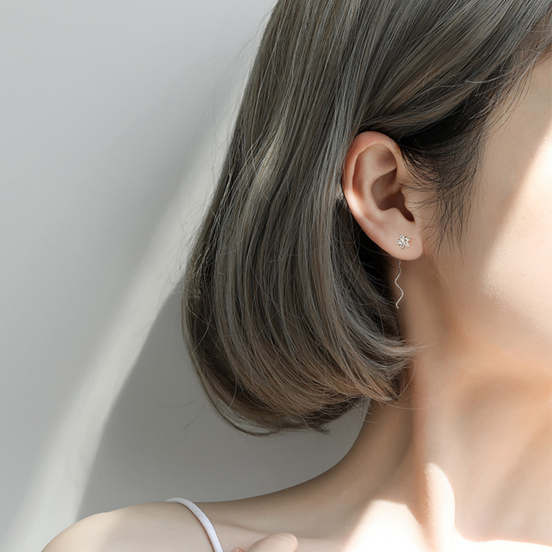 925 sterling silver earrings female long version earrings 2021 new trendy temperament flowers super fairy small cherry blossoms high-end earrings