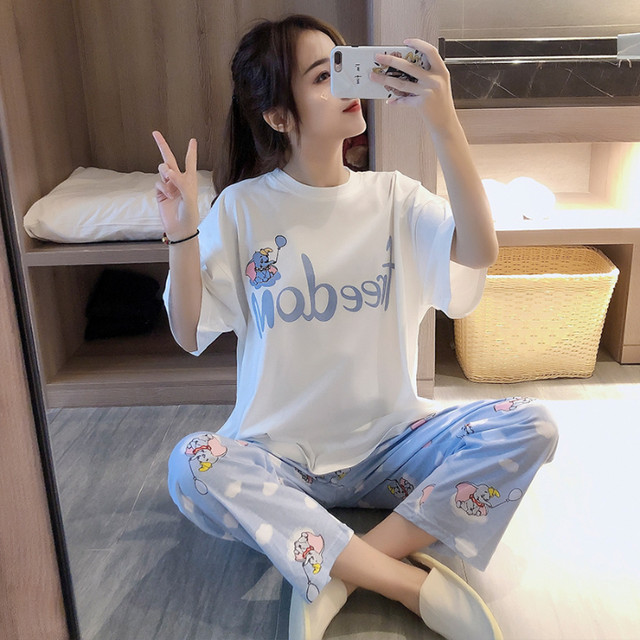 Summer new cotton pajamas short-sleeved trousers cute Korean version student cartoon home leisure two-piece suit thin section