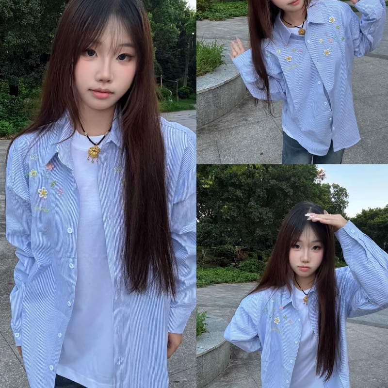 Salt Sweet Style Polo Collar Cream Yellow Stripesd Shirt for Women Layered Loose Slimming Look Long-Sleeved Shirt Outer Top