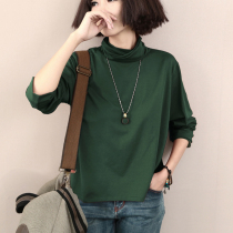 Spring and Autumn womens turtleneck shirt thin short top Literary womens clothing simple casual loose solid color top small shirt pile collar