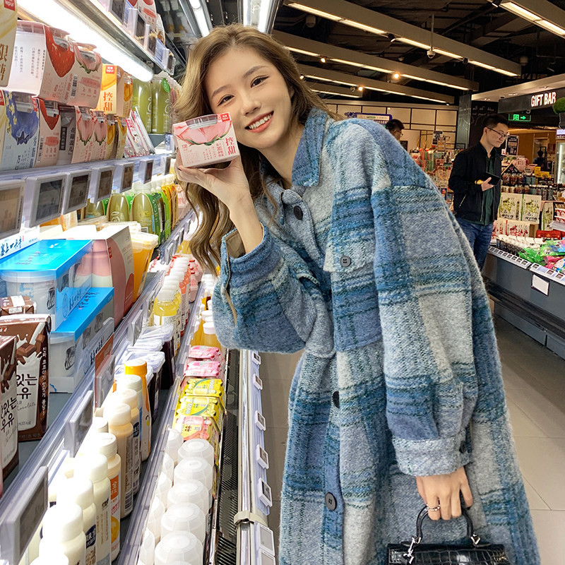 Jiang Shuying's same style blue plaid woolen coat coat women's winter mid-length small Korean version loose