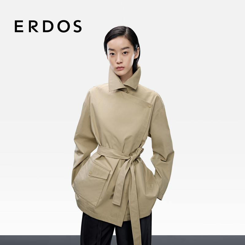 Erdos Women's Pure Cotton Short Trench Coat Autumn and Winter Asymmetrical Placket Loose Gabardine Short Jacket Erdos Women's Pure Cotton Short Trench Coat Autumn and Winter Asymmetrical Placket Loose Gabardine Short Jacket