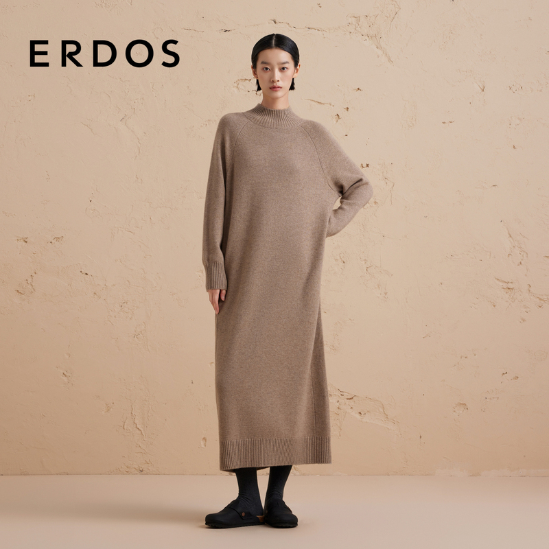 Erdos Women's Pure Cashmere Dress Autumn and Winter Half-High Collar Loose Thickened Long Dress Warm and Soft