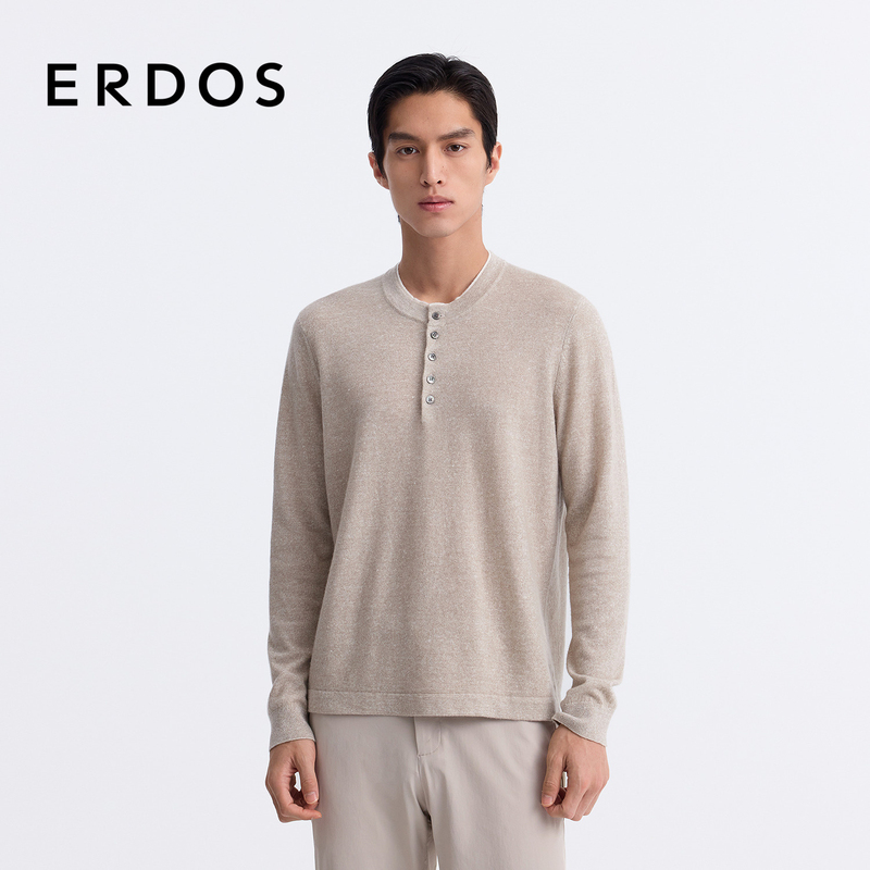 Erdos Men's Linen-Blend Knitwear, Contrasting Color Henry Collar, Long-Sleeved, Lightweight T-Shirt