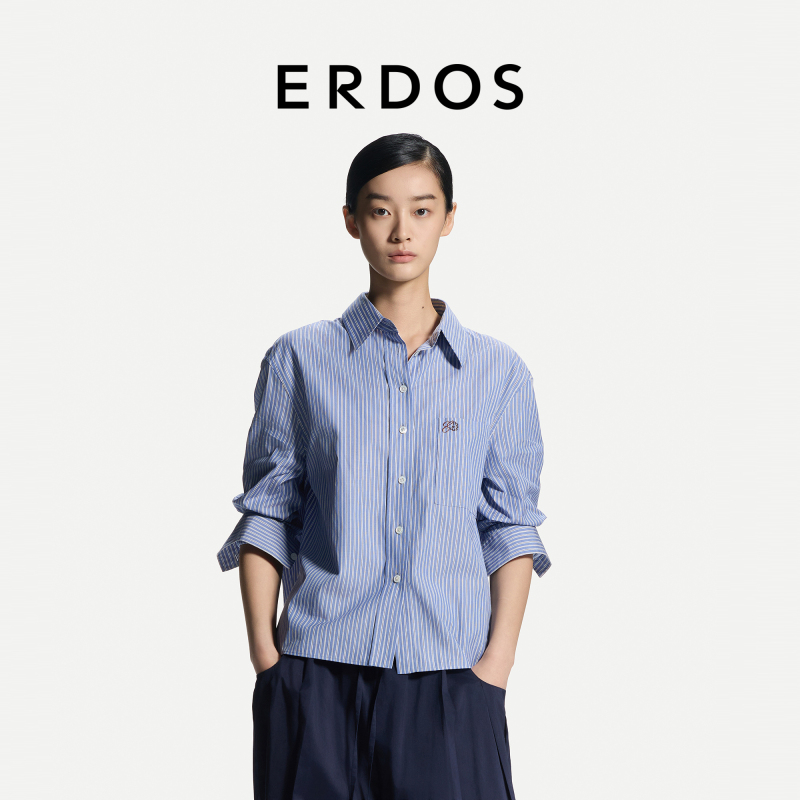 Erdos Classic Blue Pinstripe Shirt 2026 Early Autumn New Commuter Embroidered Decorative Crisp Women's Top