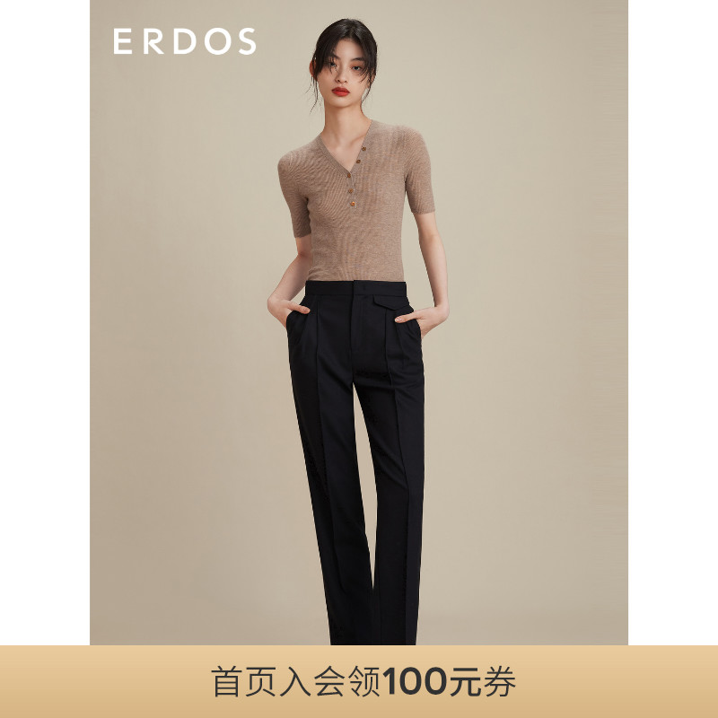 ERDOS early autumn pure cashmere sweater women's solid color worsted V-neck drawbar slim fit and thin short-sleeved sweater