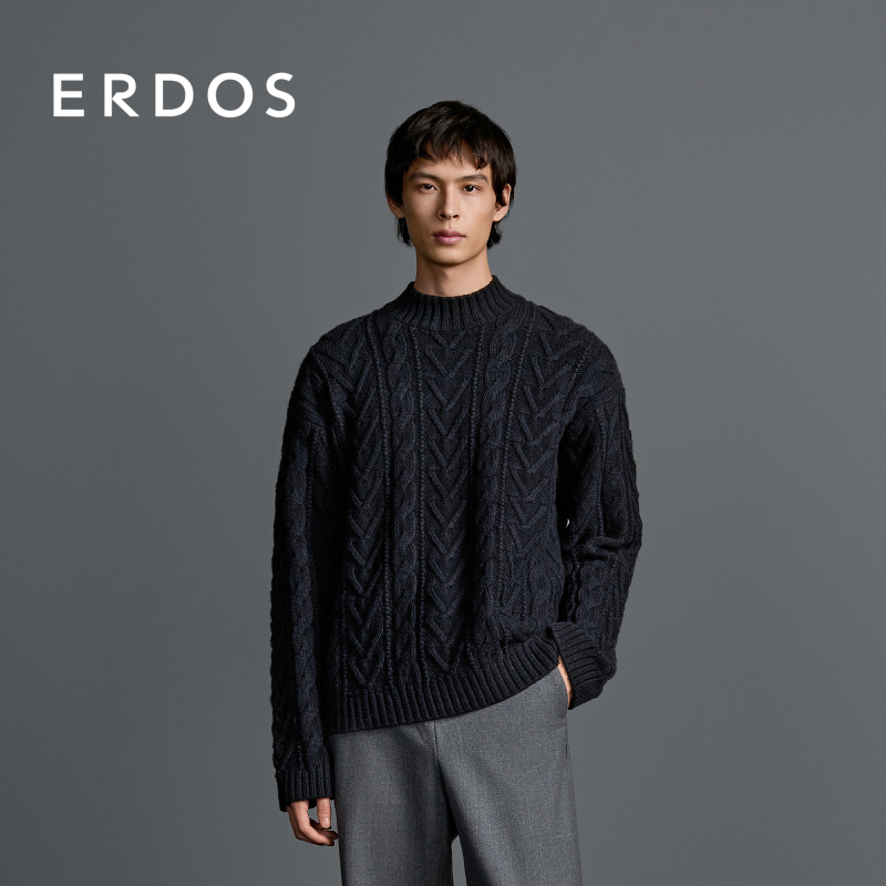 Erdos Men's Half Turtleneck Cable Knit Plush Blended Knitwear Autumn and Winter Retro Pullover Erdos Men's Half Turtleneck Cable Knit Plush Blended Knitwear Autumn and Winter Retro Pullover