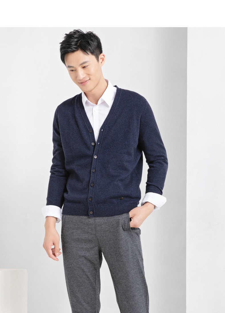 Ordos 18 mùa thu và mùa đông mới V-cổ rắn màu đơn giản đan len cashmere áo khoác cardigan nam