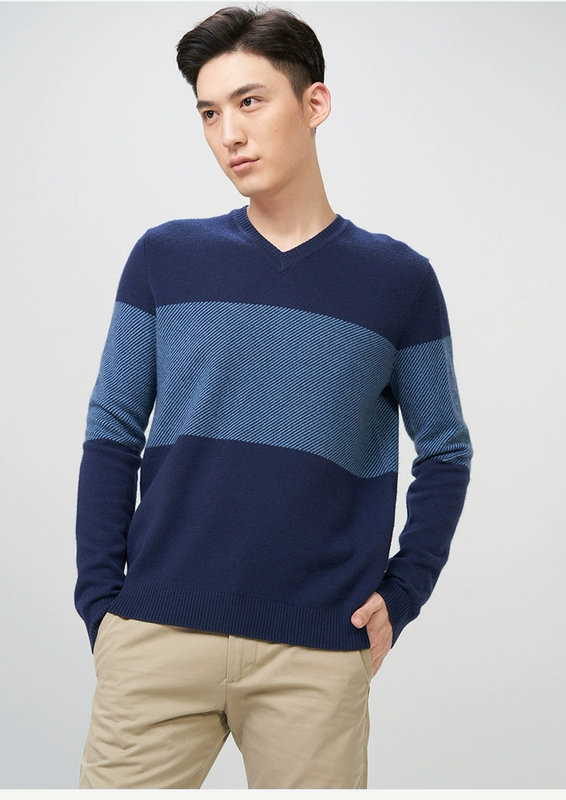 ERDOS mùa thu và mùa đông V-Cổ màu sắc tương phản sọc nam cashmere áo len E174A0013