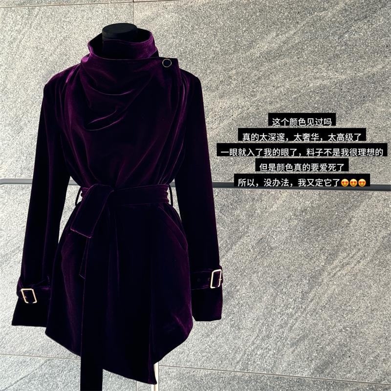 Jiang Baier Purple Velvet Trench Coat for Women, Mid-Length, Autumn and Winter, High-End Feel, 2025 New Niche Design