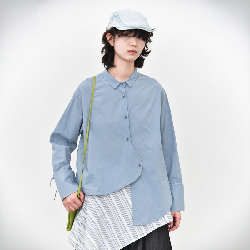Irregular Design with Tie-Front and Patchwork Long-Sleeve Shirt, Vintage Artistic Style Blouse 3-in-2 89738