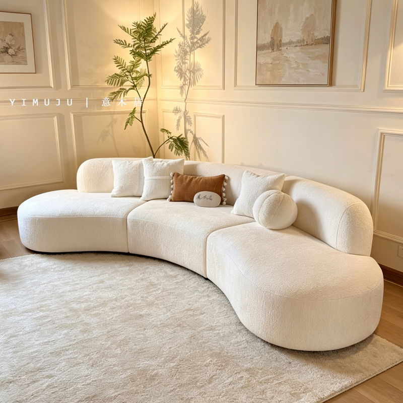 French-Style Cream-Colored Large Flat Arc-Shaped Moon Module Combination Teddy Chenille White Fabric Sofa French-Style Cream-Colored Large Flat Arc-Shaped Moon Module Combination Teddy Chenille White Fabric Sofa