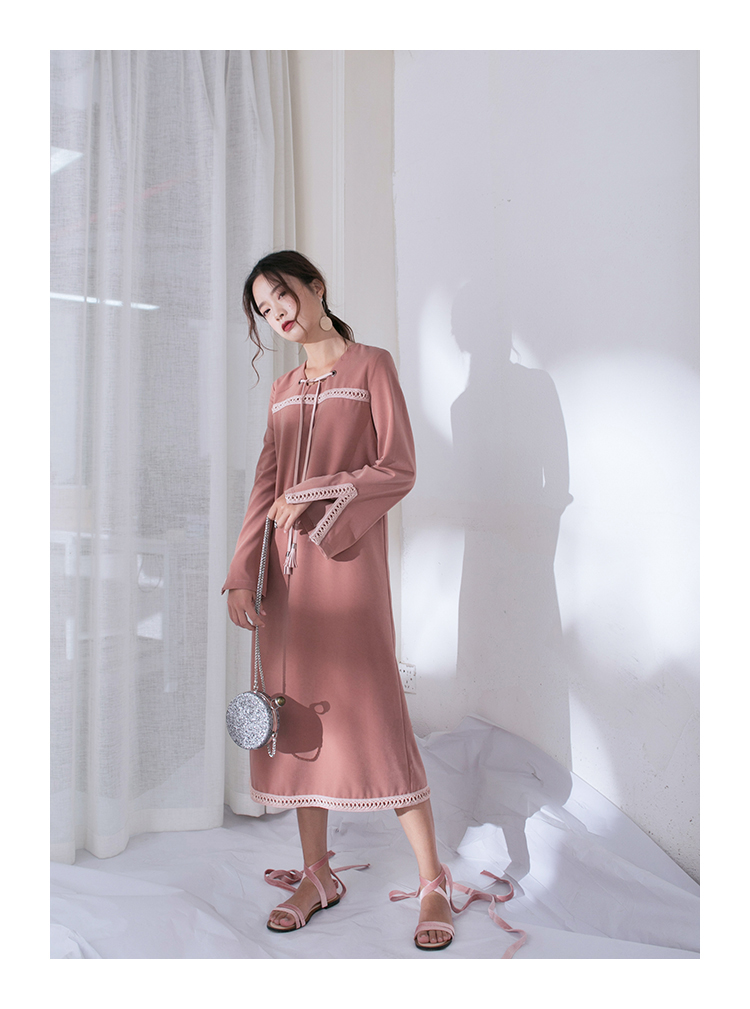 COTRE Thiết kế độc lập Màu xám phấn anh đào Đầm dài tay retro 2018 xuân mới một phần dài từ váy sát nách chữ a