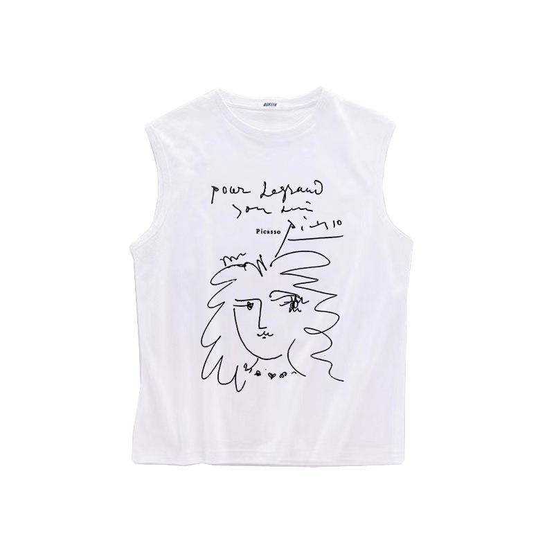 Dali Picasso Black and White Line Drawing Hand-Painted Print Unisex Artistic Lightweight Thin Vest Sleeveless T-Shirt