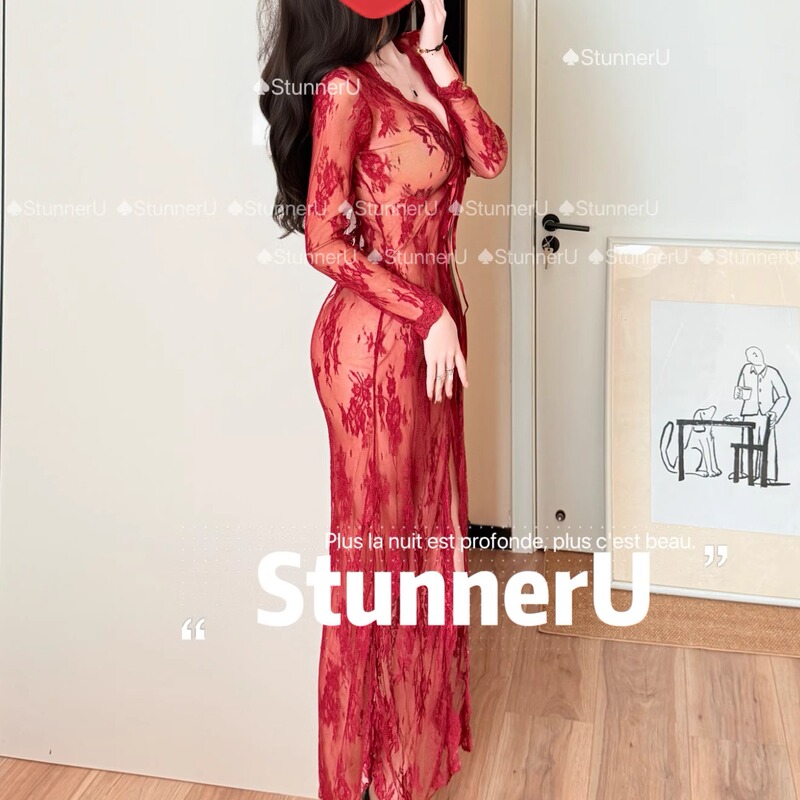 High-End Sheer Lace Sexy Nightgown, Long Luxurious Nightrobe Set, Slim-Fit Mature Style, European and American Style, 2025 New Model