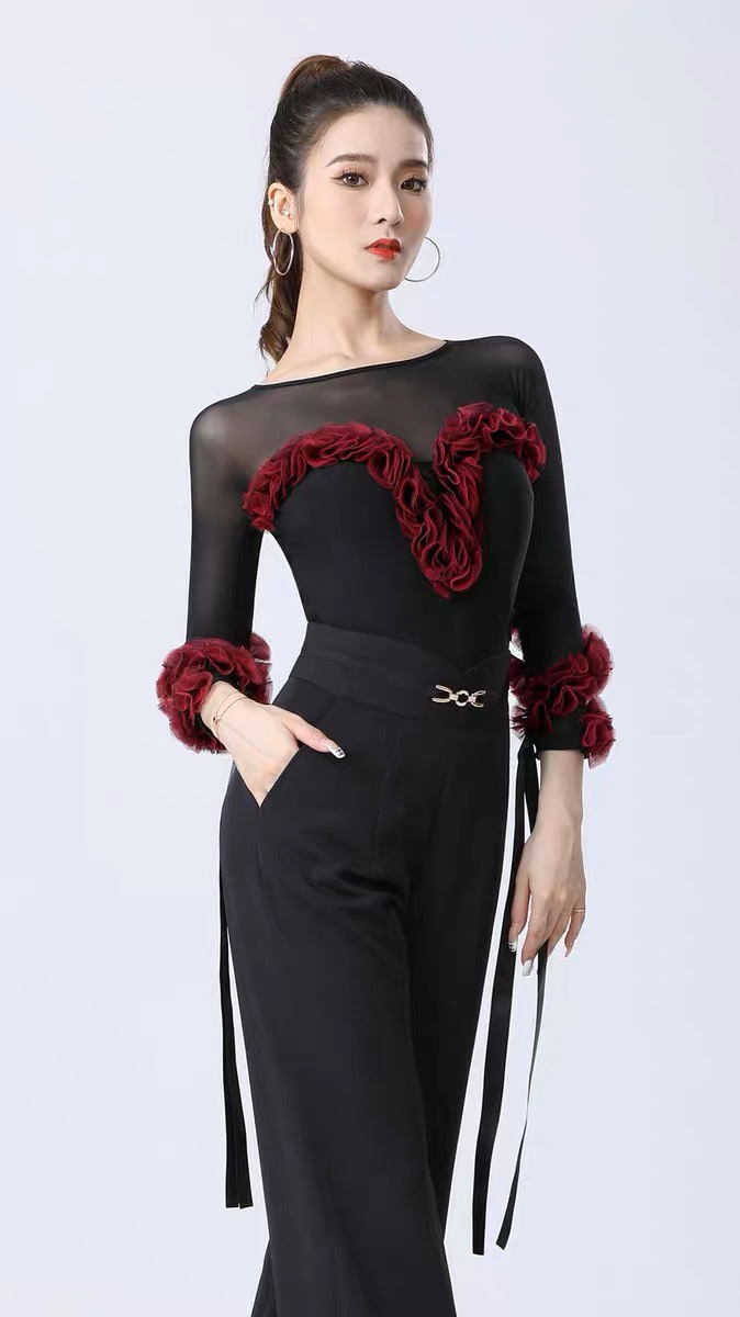 Dambao Rolla Ding dance blouses high-end ladies dance dress Sexy net yarn splicing Morden dance practice with flutter sleeves-Taobao