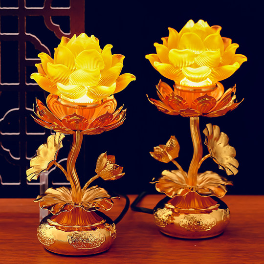 Lámpara de loto, lámpara de Buda, un par de candelabros enchufables, lámpara doméstica para Buda, lámpara LED siempre brillante, lámpara de loto vidriada frente al Buda Guanyin