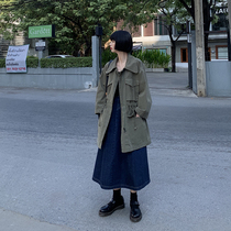 Floss coat womens 2021 new military green long vintage loose lace waist lapel top