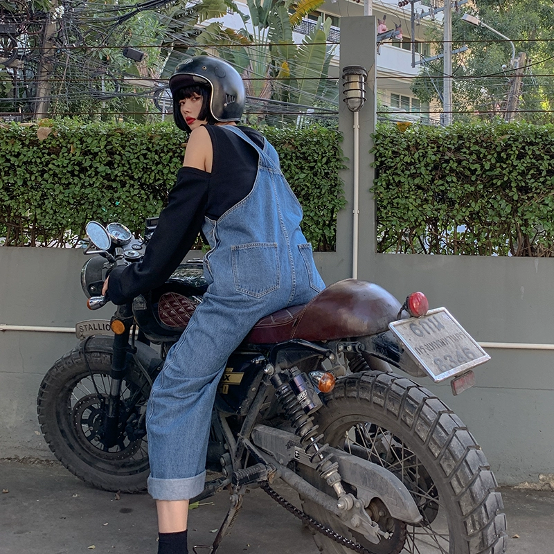 Red House denim overalls Women 2020 xuân mới retro thời trang lỏng lẻo giảm tuổi giản dị quần ống rộng - Quần jean