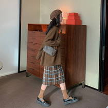 Red Pavilion Plaid Skirt Womens 2021 Autumn New Vintage High Waist a Long Slim Hip Skirt