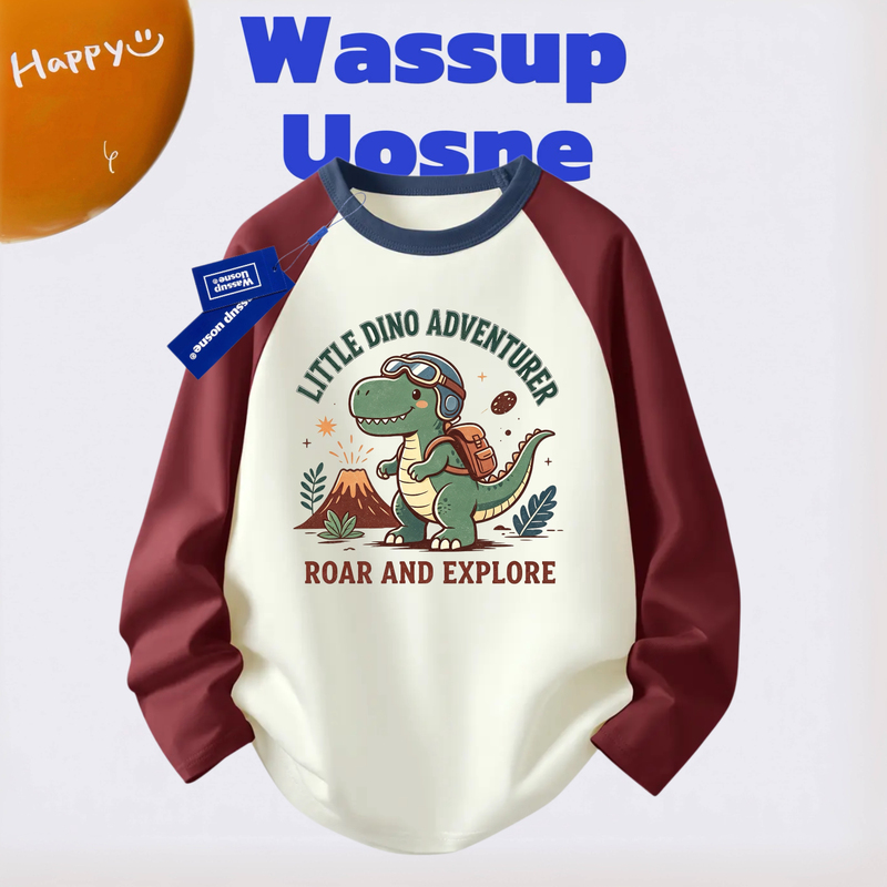【Dinosaur】Wassup Spring and Autumn New Dinosaur Pilot Trendy Casual Korean Boys and Girls Color-Block Long Sleeve T-Shirt 【Dinosaur】Wassup Spring and Autumn New Dinosaur Pilot Trendy Casual Korean Boys and Girls Color-Block Long Sleeve T-Shirt
