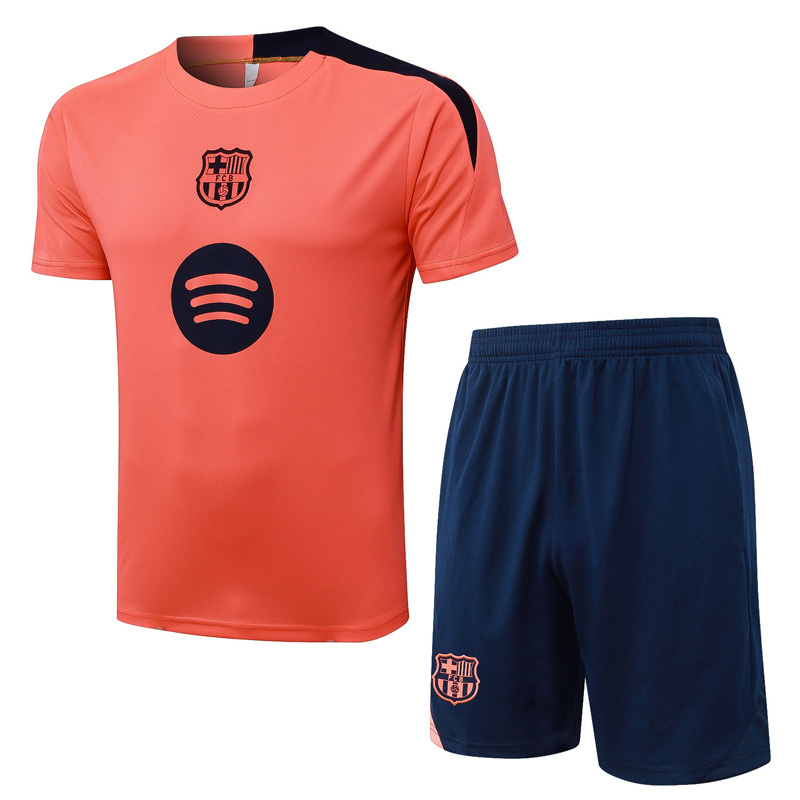 2526 Barcelona Short-Sleeved Football Uniform Fan Version Round Neck Barcelona Fluorescent Orange Training Uniform Large Size Sports Shorts