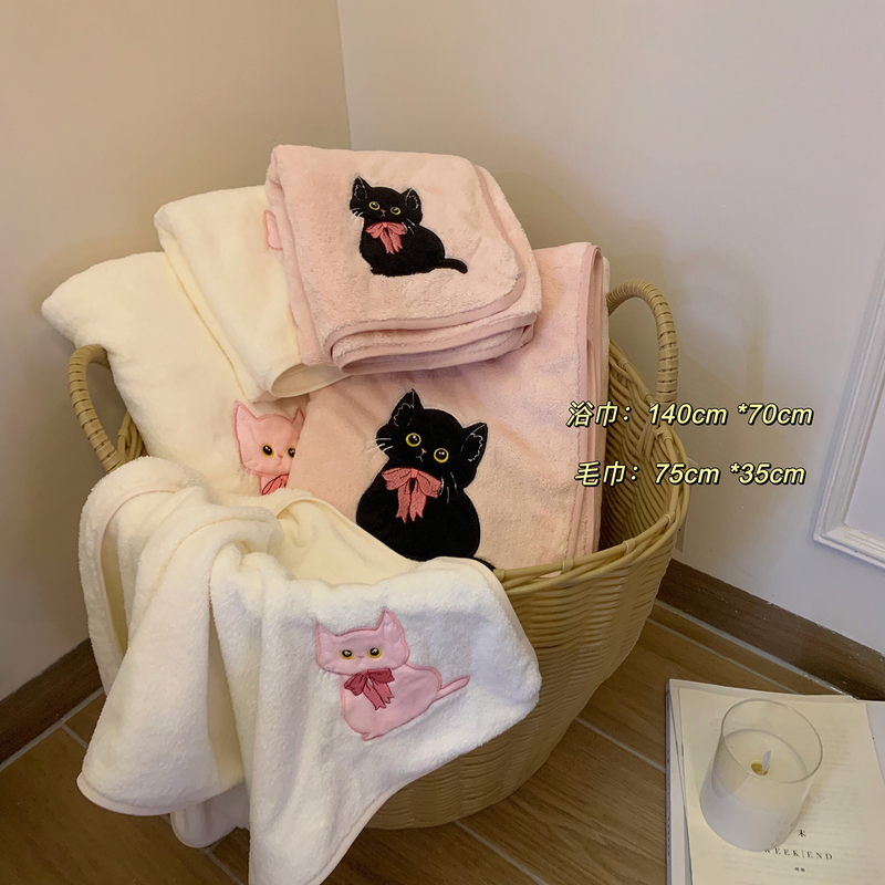 Xinbangbang Grocery Store Original Absorbent Quick-Drying Towel Body Wrap Cute Cartoon Cat Bath Towel 2-Piece Set for Women