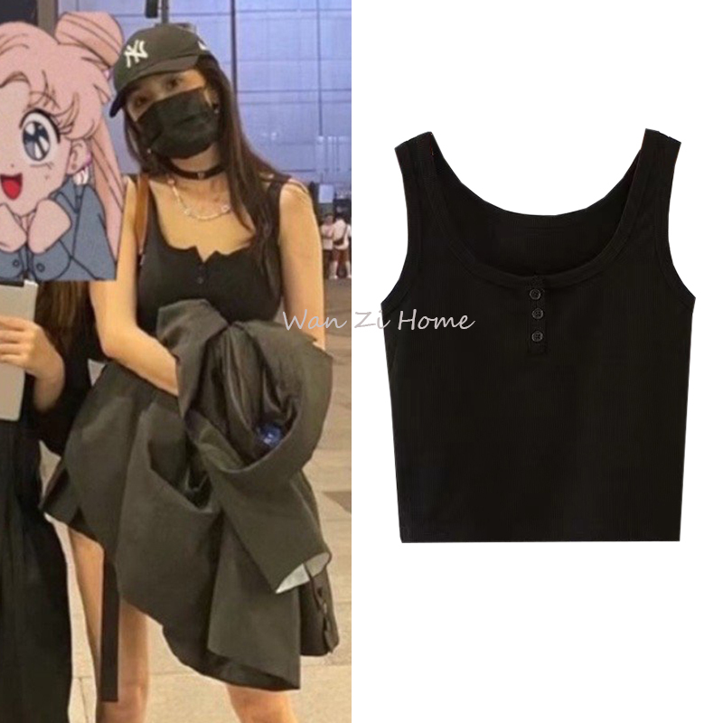 Yang Mi's Same Style Black Sleeveless Ribbed Cotton Slim-Fit Buttoned Crop Top for Layering or Outerwear