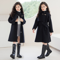 Girls Woolen Coat Temperament British Style Childrens Clothing Childrens Girls Fashionable Mid-Length Black Double-Sided Woolen Coat