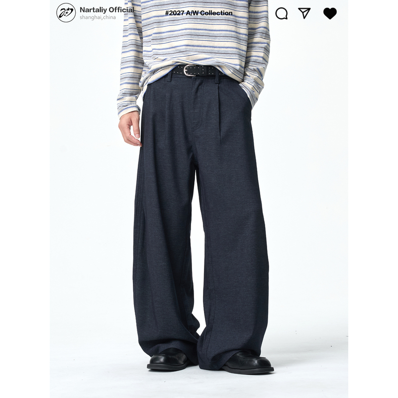 Nartaliy Retro Relaxed Pleated Faux Denim Scimitar Wide-Leg Pants for Men, Spring and Autumn Drapey A-Line Casual Long Pants
