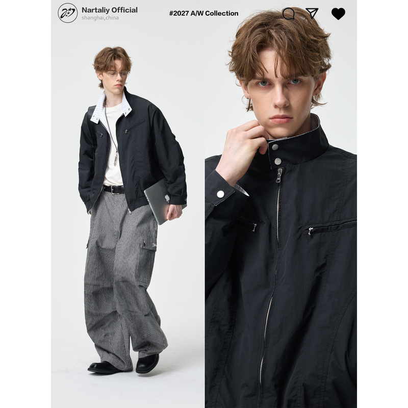 Nartaliy Starburst Code Deconstructed Design Retro Slightly Wrinkled Harrington Jacket Men's Spring and Autumn Waterproof Short Coat