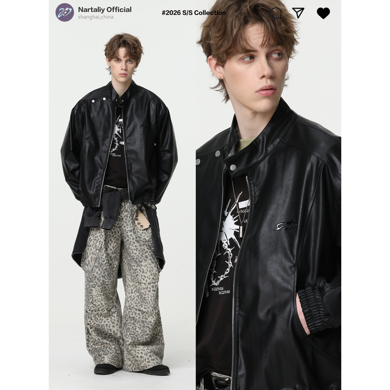 Nartaliy Starburst Code Retro Design Deconstructed Pu Leather Jacket for Men and Women, American Style Stand Collar Jacket for Couples