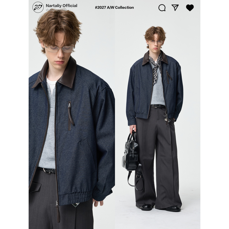 Nartaliy'Barn Style' Denim Jacket Men's Detroit Workwear Jacket Short Spring and Autumn Turn-Down Collar with Leather Patchwork