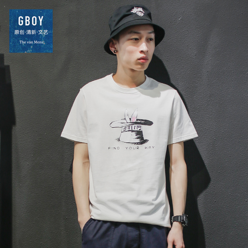 GBOY夏季潮流短袖T恤男青年纯色魔术帽印花体恤日系清新打底短tee