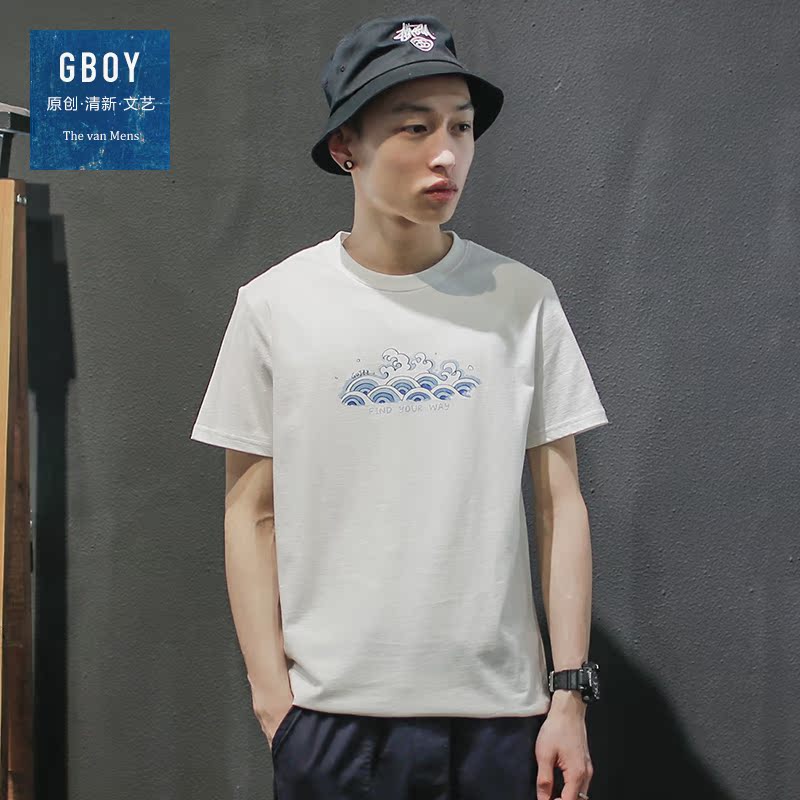 GBOY夏季清新文艺海浪印花短袖T恤男日系青年纯色简约中袖体恤短t