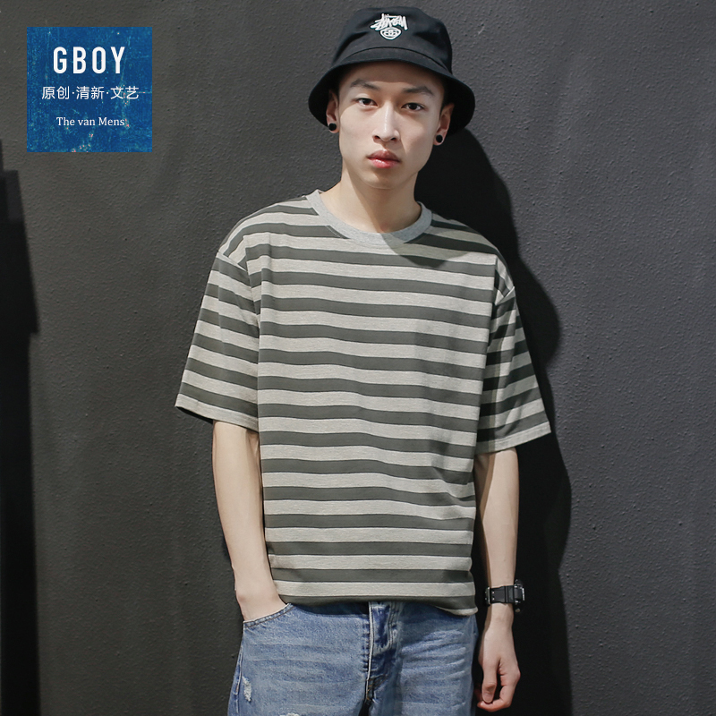 GBOY夏季日系街头条纹宽松落肩袖短袖T恤男青年文艺圆领透气短tee