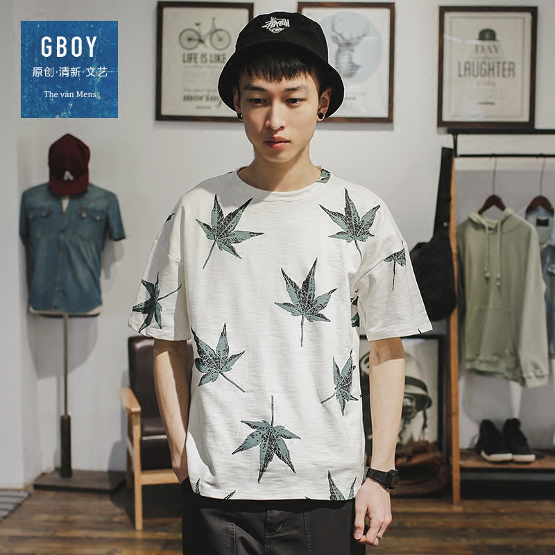 GBOY夏季潮流T恤男短袖日系青年枫叶印花圆领休闲薄款简约上衣棉