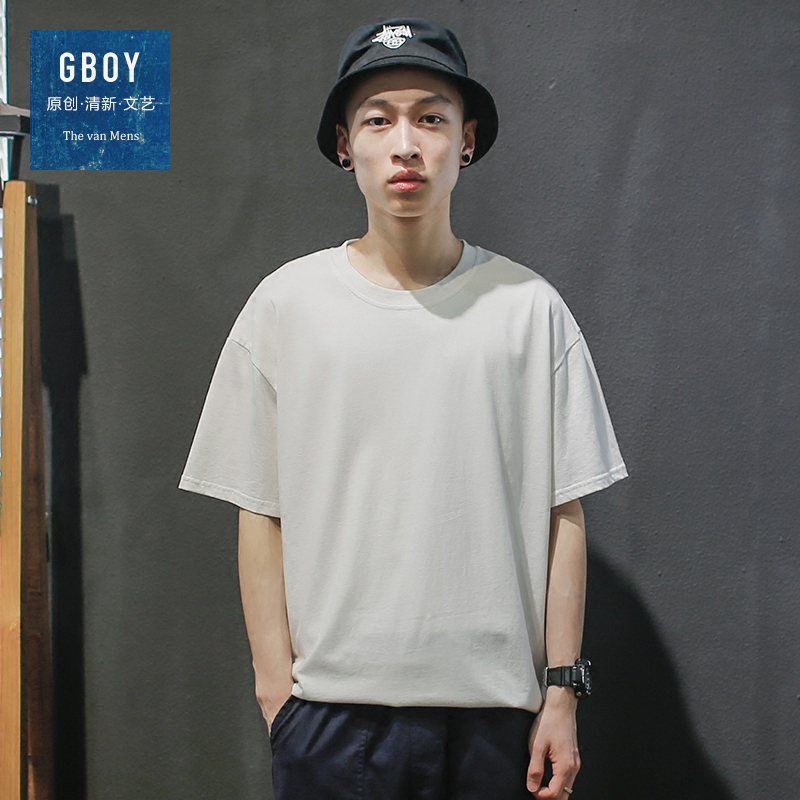GBOY夏季纯色短袖T恤男日系圆领简约宽松中袖体恤青年透气潮短tee