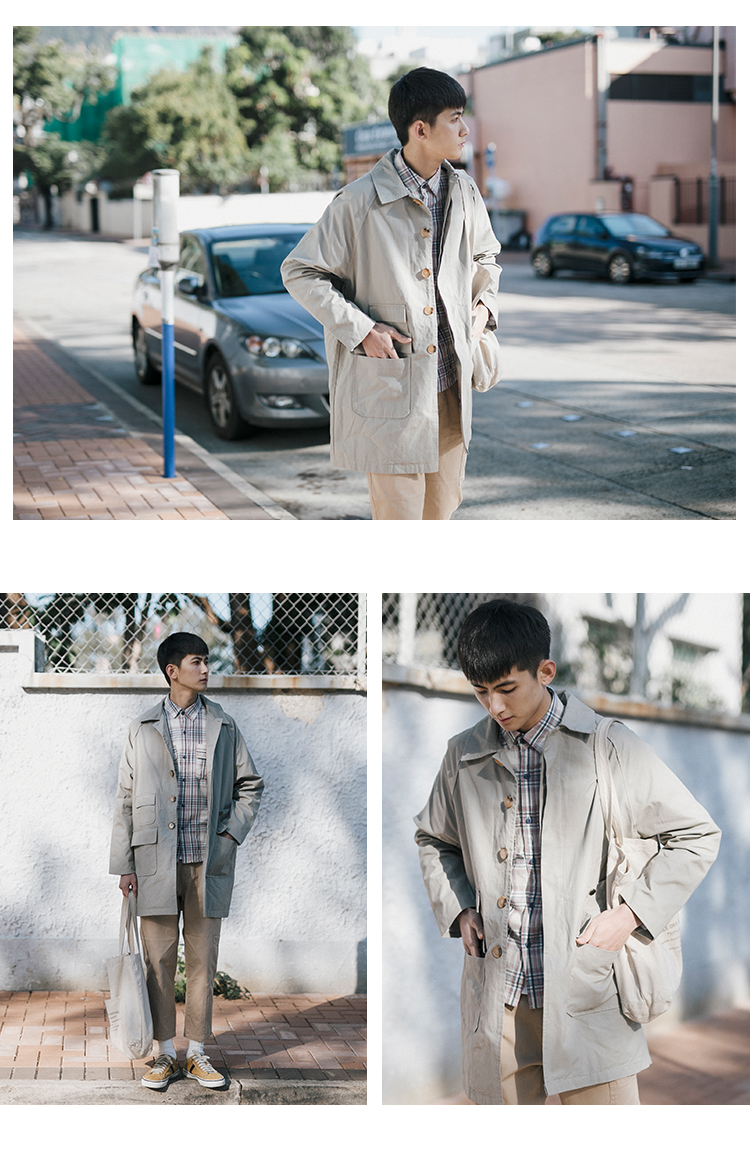 GBOY mùa xuân đơn giản màu sắc dài trench coat nam giới Nhật Bản xu hướng túi áo ve áo trang trí giản dị áo gió giá rẻ