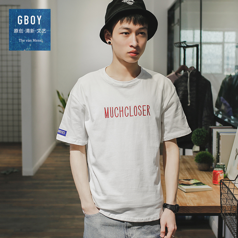 GBOY夏季潮流T恤男短袖青年修身刺绣圆领体恤日系修身圆领打底衫
