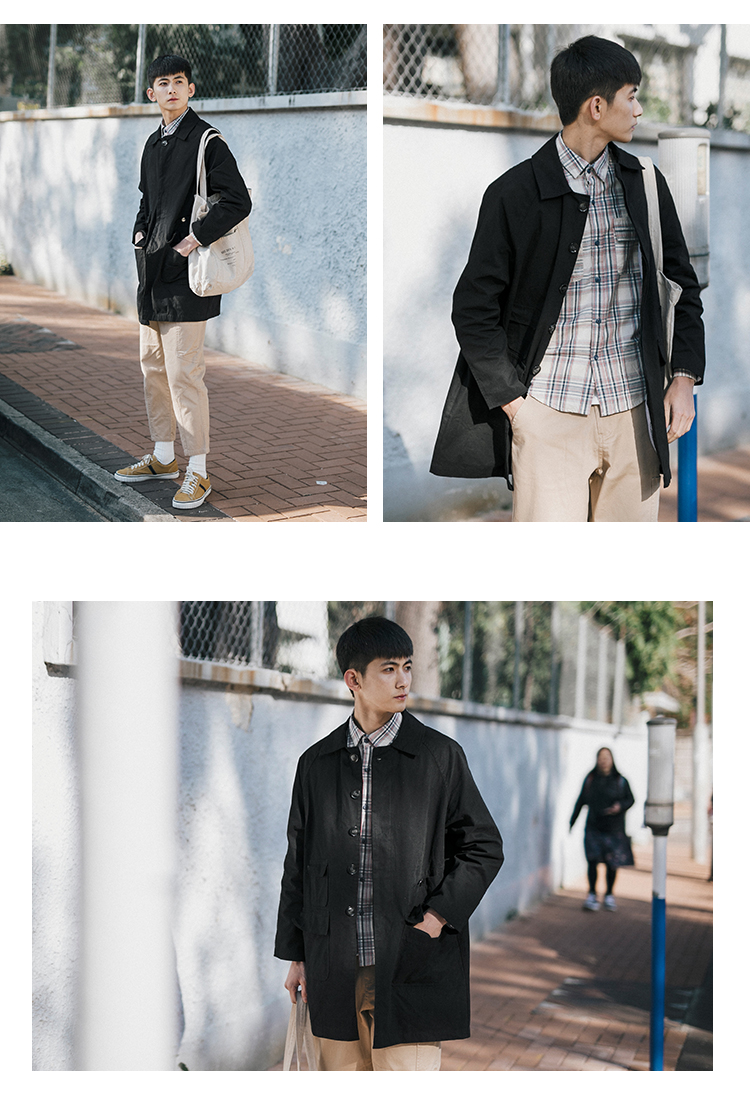 GBOY mùa xuân đơn giản màu sắc dài trench coat nam giới Nhật Bản xu hướng túi áo ve áo trang trí giản dị áo gió giá rẻ
