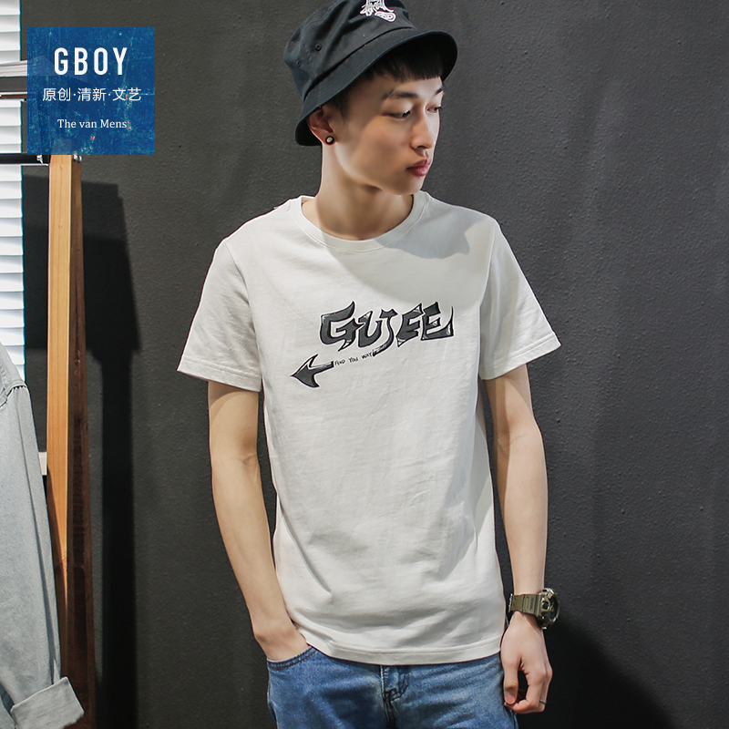 GBOY夏季潮流T恤男短袖日系纯色圆领创意印花体恤棉青年修身上衣
