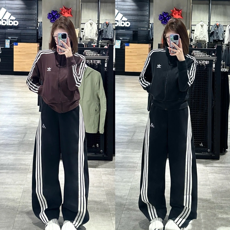 Adidas Women's Three-Stripe Embroidered Logo Loose American Retro Straight Wide-Leg Banana Pants Slimming Long Pants