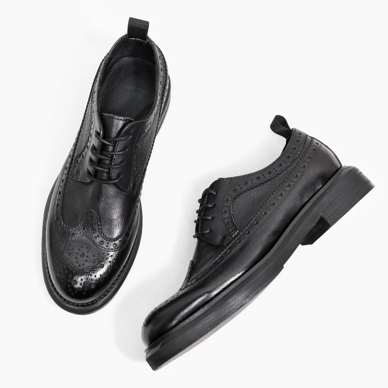 You 100 British round head Brock carved Korean men's trendy business casual leather shoe big head to increase thick bottom