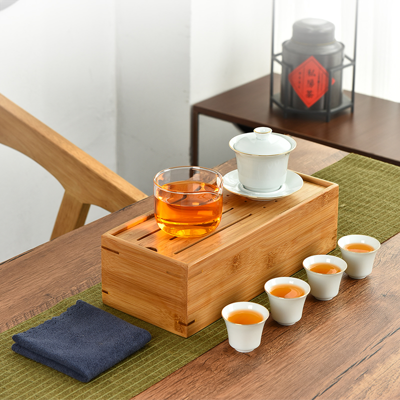 Row Day Travel Tea Set Group Portable Containing Leather Bag Outdoor Home Day Style Brief Teapot Tea Cup Bamboo Tea Tray