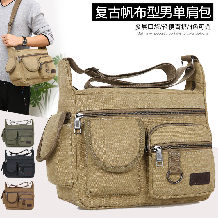 Large men's tooling style messenger bag fashion large capacity shoulder bag kit Korean canvas wear-resistant travel bag