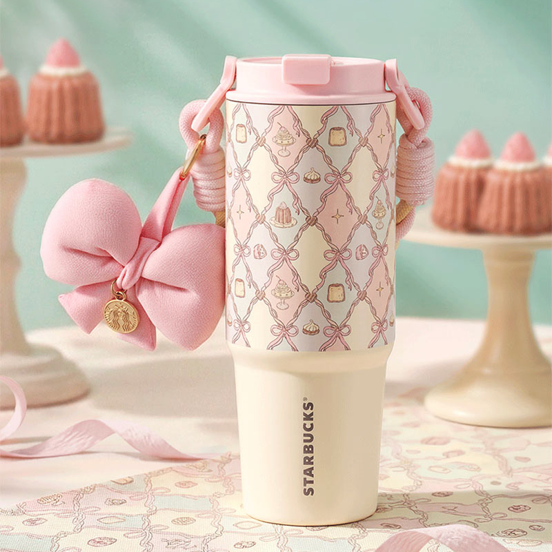Starbucks 800ml Summer Dessert Party Double Drink Spout Stainless Steel Cup with Handle and Crystal Powder Decoration for Car Gift