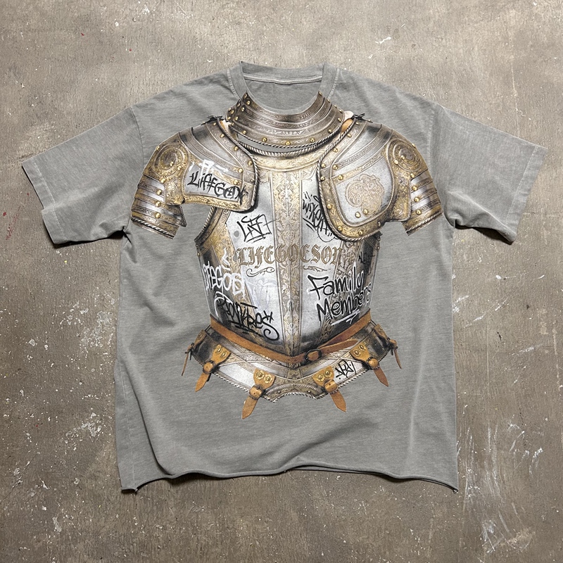 Lifegoeson 26$$ Graffitiarmor Wax-Dyed Washed-Out Graffiti Armor Print Short-Sleeved T-Shirt Lifegoeson 26$$ Graffitiarmor Wax-Dyed Washed-Out Graffiti Armor Print Short-Sleeved T-Shirt