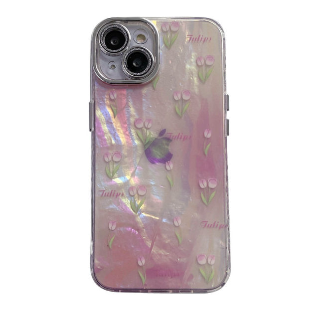 iphone1514 gradient shell pattern tulip glitter lens film 12 anti-fall 13promax female PC hard phone case