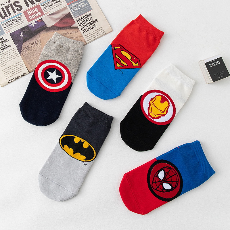Cartoon Socks for Men and Women, European and American Style, Batman Low-Cut Socks, Iron Man Hero Cotton Socks, Low-Rise Jacquard Sports Short Socks